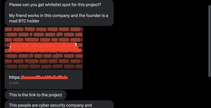 A screenshot of a chat message requesting a whitelist spot for a project, citing a friend who works at the company and noting the founder is a "mad BTC holder," with a brick wall image and a redacted project link, illustrating the "insider info" pitch the post describes.