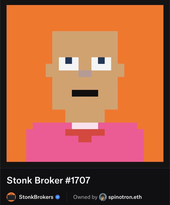 A pixel art NFT from the 'Stonk Brokers' collection (#1707), depicting a bald character in a pink shirt with an open mouth, owned by 'spinotron.eth'.