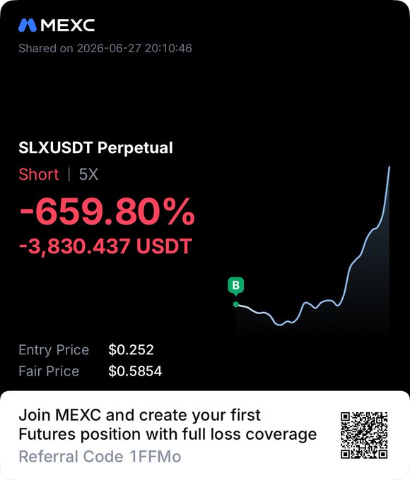 A MEXC futures trade screenshot showing a -659.80% loss (-3,830.437 USDT) on a 5X short position of SLXUSDT Perpetual, with the entry price at $0.252 climbing to a fair price of $0.5854, illustrating the painful results of the poster's short hedge on $SLX as the token unexpectedly pumped.