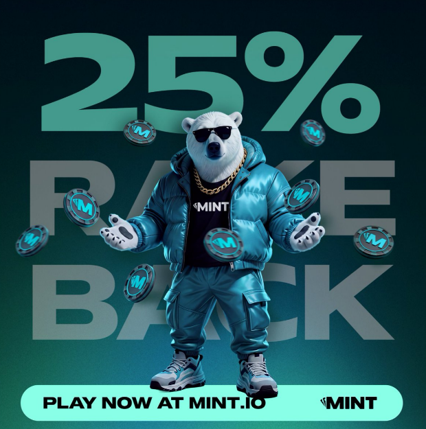 A promotional graphic for MINT.io advertises '25% RAKE BACK' featuring an anthropomorphic bear in sunglasses wearing a puffy jacket surrounded by floating coin tokens.