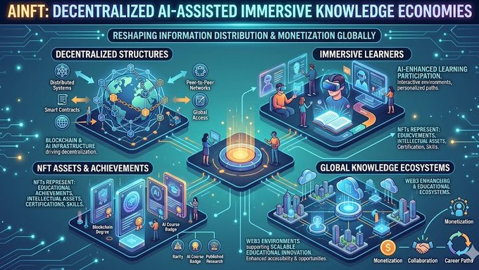 The image presents a graphic representation of an economic concept, with multiple interconnected nodes representing the global economy. The nodes are depicted as various elements within a network, such as blockchain systems or AI-driven educational infrastructure. One particular node stands out, with another element surrounding it like a shield, symbolizing knowledge and the protection of information in this new economy landscape. The image is labeled with text that explains how these networks contribute to the global economy's transformation and discusses the potential implications for immersive learning environments.