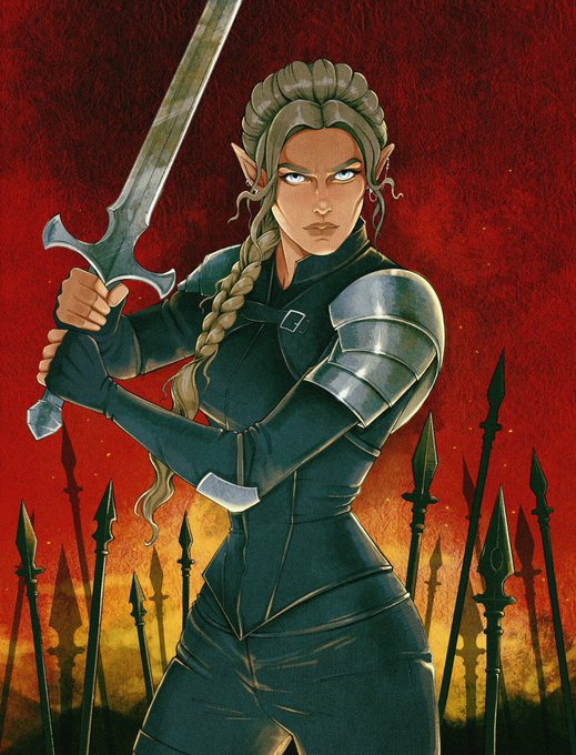 An anime-style illustration depicts a fierce elven warrior with pointed ears and a long blonde braid, wearing dark armor and wielding a large sword against a fiery red background filled with spear tips.