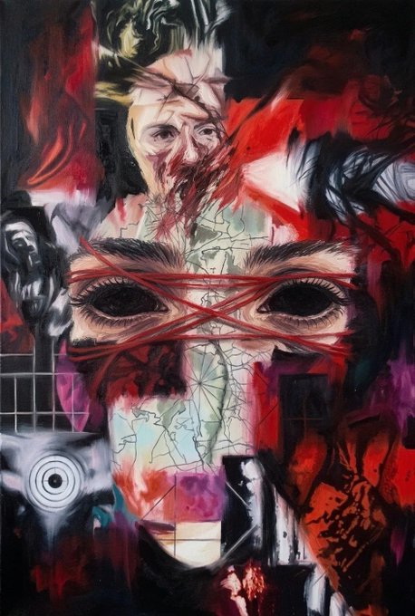 An intense, abstract painting features a pair of eyes bound by red string, with fragmented faces and chaotic red and black brushstrokes.
