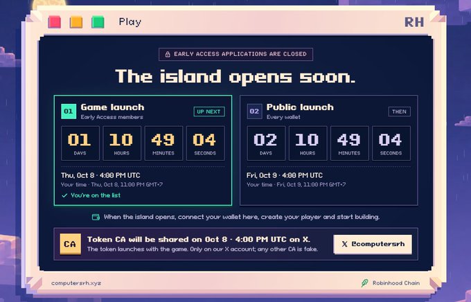 A pixel-art themed countdown screen from computer rh titled "The island opens soon," with early access closed, showing countdowns for game launch (Thu, Oct 8 4:00 PM UTC) and public launch (Fri, Oct 9 4:00 PM UTC), with Token CA announcement via @computersrh X account.