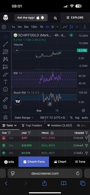 A mobile screenshot from dexscreener.com showing the SCHIFFY/GLD trading pair with a 4-hour chart, RSI 14, and Stoch RSI indicators, displaying a price of 1.72M with +49.31% change.