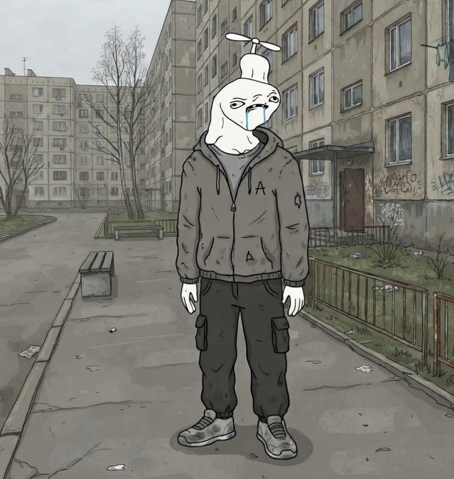 A sad cartoon figure wearing a white hoodie stands alone in a bleak, graffiti-covered Soviet-style apartment courtyard. The dejected pose of the mascot-like character reinforces the caption's tone of forgetfulness and self-deprecation, as the creator admits they forgot to share the utility and is instead giving away 2 whitelist spots.