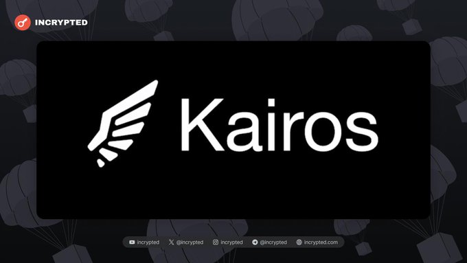 A promotional graphic for Kairos featuring a winged logo on a black background, with the Incrypted branding in the top left and social media handles (incrypted, @incrypted, incrypted.com) displayed at the bottom.