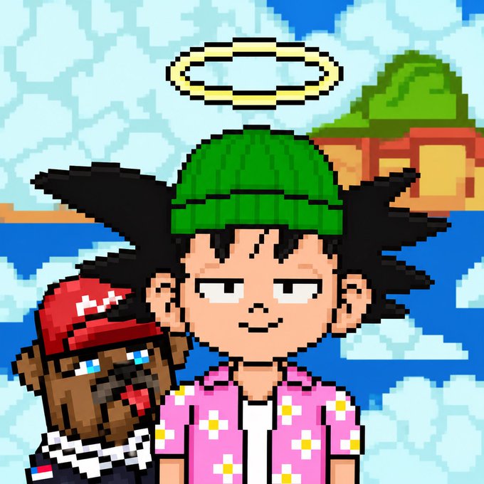 A pixel art illustration showing a character with spiky black hair, a green beanie, halo, and pink floral shirt, alongside a teddy bear wearing a red cap and Supreme shirt, with a green turtle island visible in the background.