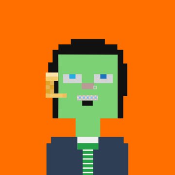 A pixel art portrait of a green-skinned Frankenstein-like monster smoking a pipe, wearing a dark suit and striped tie, against a bright orange background.