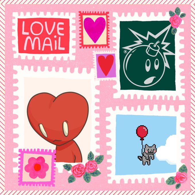 A decorative collage with a pink striped border containing multiple panels: 'LOVE MAIL' text, hearts, roses, a green bomb character, a red heart-faced figure, and a pixelated cat holding a balloon.