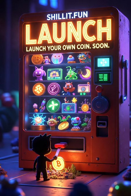 A 3D-rendered vending machine labeled 'SHILLIT.FUN LAUNCH' displaying various cryptocurrency and digital items, with a cartoon character holding a Bitcoin coin.