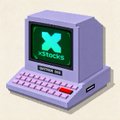 A pixel art illustration of a retro purple laptop displaying a green screen with the text 'X 2004'.