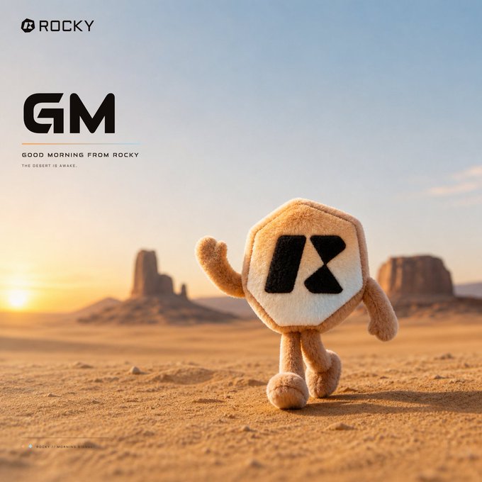 A 'GM - Good Morning from Rocky' meme featuring a plush octagonal mascot with the Rocky logo walking through a desert landscape at sunrise.
