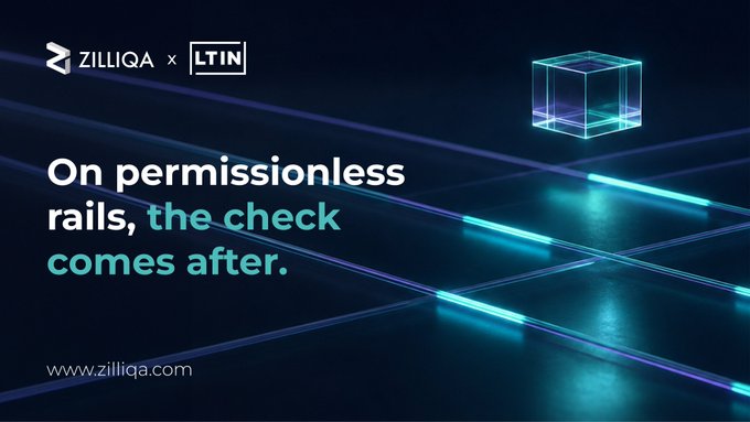 The image is a promotional graphic featuring a dark, futuristic scene with glowing cyan and purple neon grid lines converging into the distance, alongside a translucent wireframe cube in the upper right. The top left displays the "ZILLIQA x LTIN" partnership logos, while the bold central text reads "On permissionless rails, the check comes after," with "www.zilliqa.com" shown at the bottom.

This visual reinforces the post's message about focused execution and forward momentum, with the neon rails symbolizing the permissionless infrastructure Zilliqa is building—imagery that conveys progress, technology, and a clear path forward as the project ships new infrastructure for institutional use.