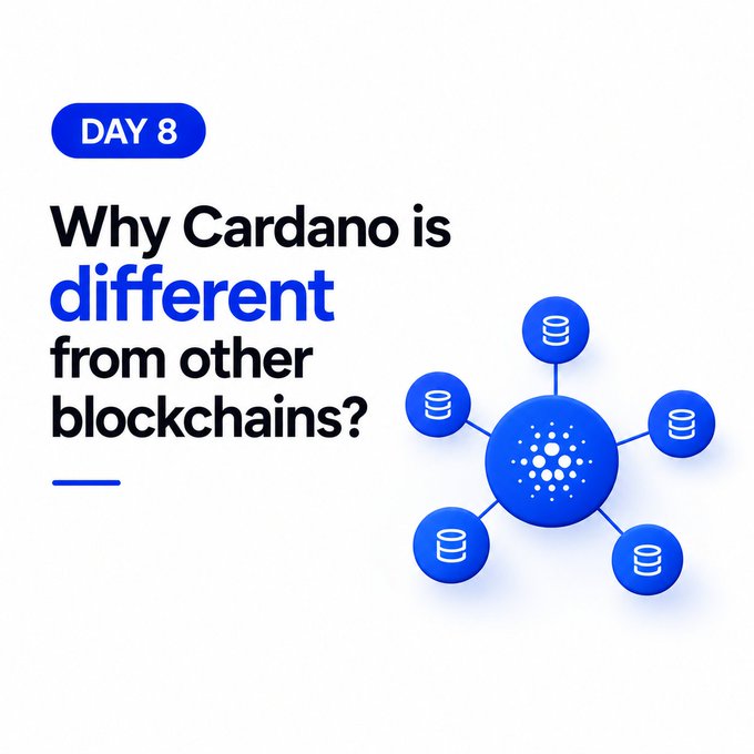 A promotional graphic with the text 'DAY 8: Why Cardano is different from other blockchains?' next to a blue blockchain network illustration.