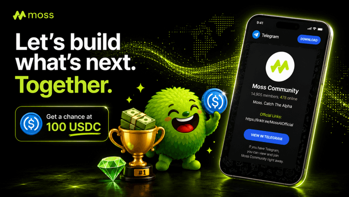 A promotional graphic for 'Moss Community' on Telegram with the tagline 'Let's build what's next. Together.' and an offer to win 100 USDC, featuring a green fuzzy mascot holding a coin.