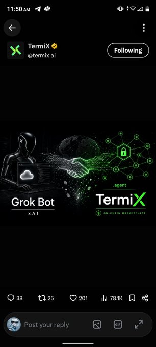A Twitter/X post from TermiX (@termix.ai) showing a graphic of a humanoid robot figure alongside text reading "Grok Bot by xAI" and "TermiX On-chain Marketplace".