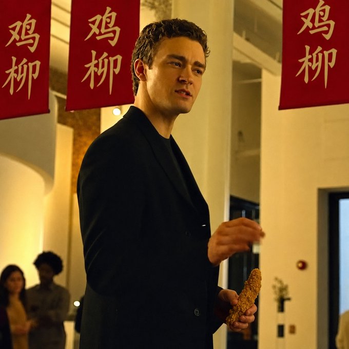 A man in a black suit holds a piece of fried food in a building decorated with red banners featuring Chinese characters '鸡柳' (chicken strips), with other people visible in the background.