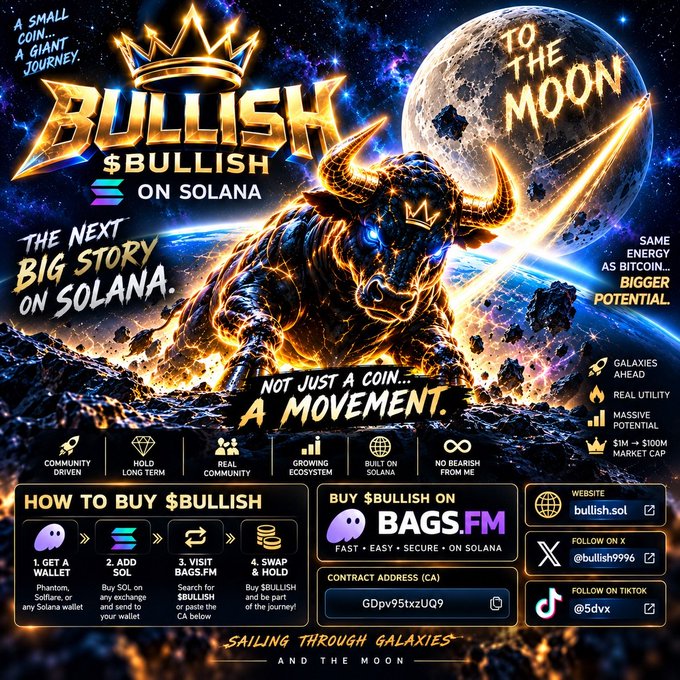 A promotional graphic for the '$BULLISH' cryptocurrency token on the Solana blockchain, featuring a fiery bull charging toward the moon with marketing text like 'TO THE MOON,' 'NOT JUST A COIN... A MOVEMENT,' and contract address 'GDpv95txzUQ9.'