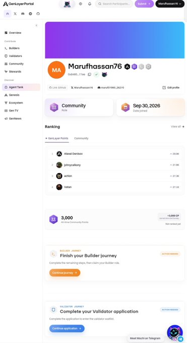 A profile page from GenLayerPortal for user 'Marufhassan76' showing a community rank, points, and journey tasks to complete a Builder and Validator application.