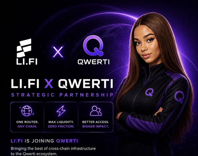 The image presents a woman, possibly an actress or a model, dressed in black with purple accents, standing against a dark background and wearing a jacket. The background features the logos of LI.FI (Lighting Inverters) and QwertiAI (Quantum Crypto), along with other text that might be related to their partnership on DeFi adoption. The image seems to depict the woman as if she is posing for an advertisement or promotional material, emphasizing their collaboration in addressing a problem hindering the growth of the DeFi ecosystem.