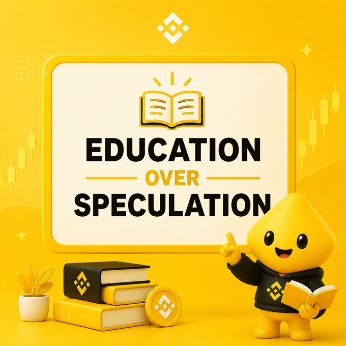 A bright yellow promotional graphic with a cartoon mascot reading a book, displaying the text 'EDUCATION OVER SPECULATION' alongside a Binance logo, stacked books, and a coin.