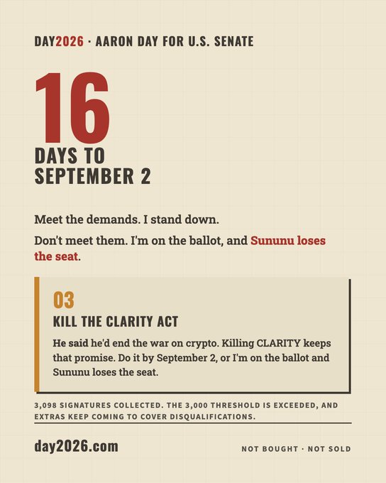 A political campaign graphic for 'DAY2026 - AARON DAY FOR U.S. SENATE' showing '16 DAYS TO SEPTEMBER 2' and demanding to 'KILL THE CLARITY ACT' to prevent Sununu from losing the seat.