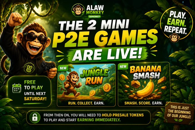 A promotional graphic for 'ALAW MONKEY' announcing 'THE 2 MINI P2E GAMES ARE LIVE!' featuring 'JUNGLE RUN' and 'BANANA SMASH', with text 'FREE TO PLAY UNTIL NEXT SATURDAY!' and 'PLAY. EARN. REPEAT.'