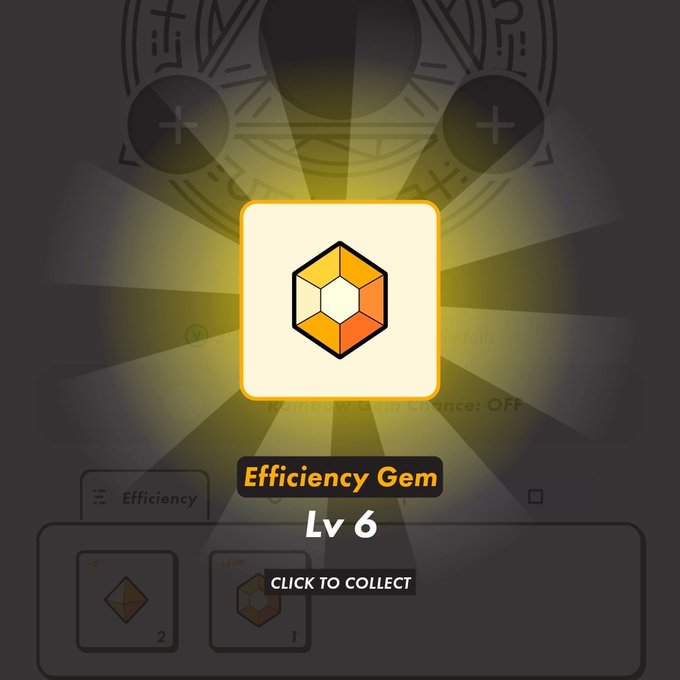 The image features a yellow diamond-shaped icon with an orange border, which appears to be a gemstone or a piece of jewelry. The background of the image is black, making the yellow diamond stand out prominently. There are two small text boxes in the bottom right corner of the image that read "Efficiency Gem" and "StepN P国割れなくてよかった…". These descriptions provide context to what the image represents or showcases.