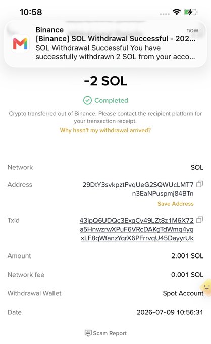 A screenshot of a Binance withdrawal confirmation showing a successful transfer of 2 SOL (2.001 SOL amount) to wallet address "29DtY3svkpzfFvqUeG2SQWUcLMT7n3EaNPuspmj84BTn" on July 9, 2026 at 10:56:31, with a 0.001 SOL network fee. The image serves as proof of payment for the airdrop giveaway, with the notification at the top confirming "SOL Withdrawal Successful - 202..." and "-2 SOL Completed," supporting the post's claim that 2 SOL was sent to yesterday's winner @marryrub.