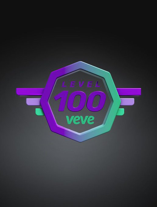 A hexagonal badge with purple and teal/green gradient colors displaying 'LEVEL 100' with 'veve' branding underneath, set against a dark gradient background.