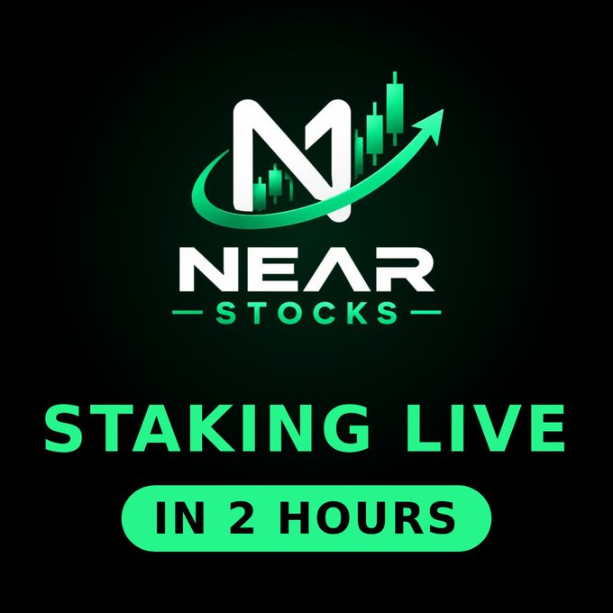 Promotional graphic for 'Near Stocks' featuring a logo with a stylized N, candlestick chart, and upward arrow, announcing 'STAKING LIVE IN 2 HOURS' in green text on a black background.