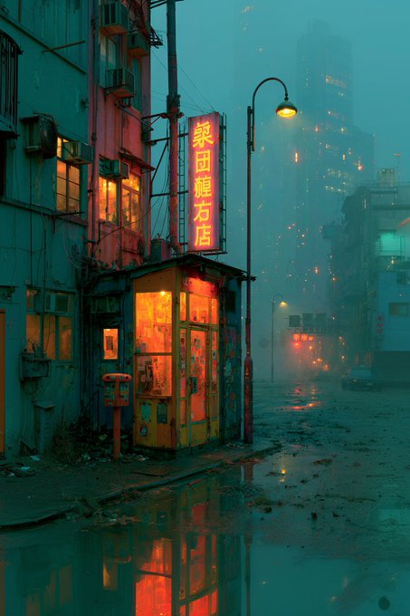 A moody, cyberpunk-style street scene at night features a small corner shop with a glowing red vertical neon sign reading "蒙因耀右店" in Chinese characters, casting warm light onto a wet, puddle-strewn pavement.