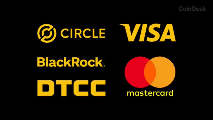 A black screen displaying yellow logos for major financial and crypto companies: 'CIRCLE', 'VISA', 'BlackRock', 'DTCC', and 'mastercard', with a 'CoinDesk' watermark in the corner.