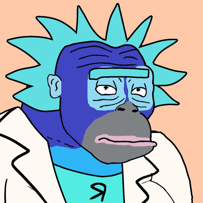 A cartoon illustration of a blue monkey character with a gray muzzle and spiky hair wearing a white lab coat on a peach background.