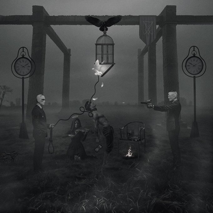 A surreal, monochromatic artwork depicts a haunting scene between two suited figures, one holding a noose and the other a gun, flanking a caged dove and central distressed figures beneath an eagle-topped structure flanked by two clocks. The dramatic composition of confrontation, captivity, and impending violence visually echoes the post's theme of "Amazing Art" through its striking, symbolic imagery.