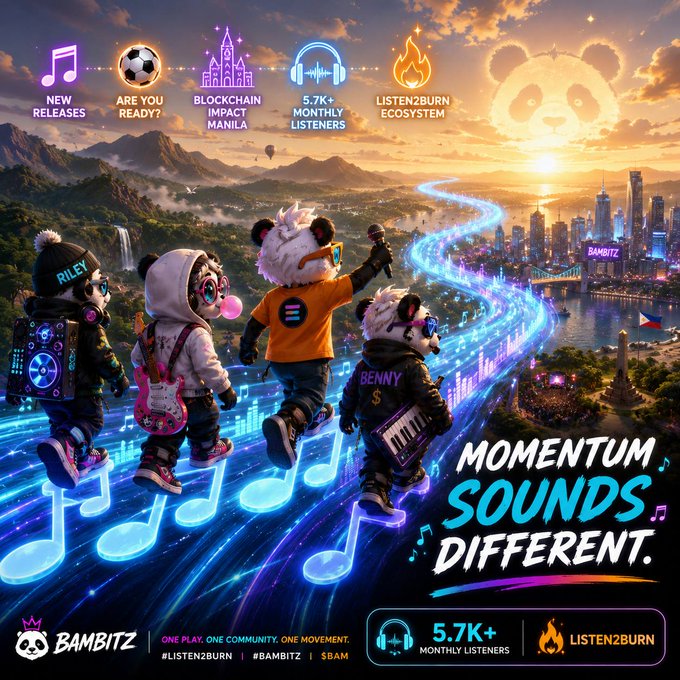 A colorful promotional poster for 'Bambitz' featuring panda characters walking on glowing musical notes, with text 'MOMENTUM SOUNDS DIFFERENT', '5.7K+ MONTHLY LISTENERS', and 'LISTEN2BURN'.