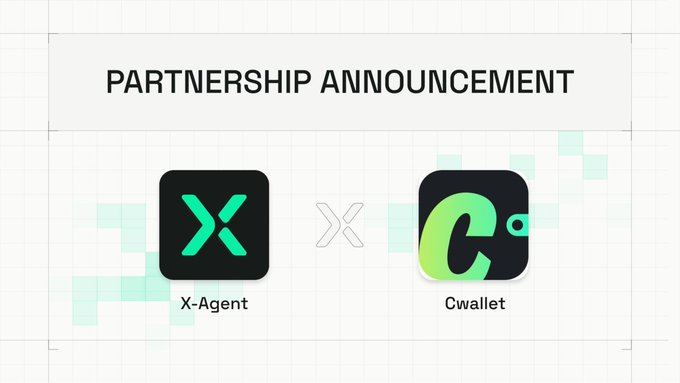 A partnership announcement graphic on a light grid background displaying logos for 'X-Agent' and 'Cwallet' with an 'X' symbol between them.