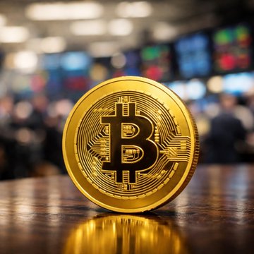 A physical Bitcoin token sits on a wooden surface with blurred trading screens in the background, symbolizing the US spot Bitcoin ETFs that posted a second consecutive week of inflows totaling $75.7M.