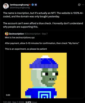 A social media post screenshot by user 'iamlequanghuong' showing a pixel art zombie monkey NFT, with the caption mentioning it's an AI-coded inscription and displaying a quote from 'Zecinscription' about payment confirmation times.