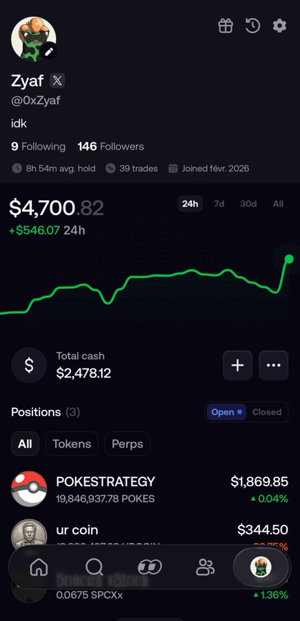 A screenshot of "Zyaf" (@0xZyaf)'s crypto trading profile on X, showing a $4,700.82 portfolio balance and positions in "POKESTRATEGY" ($1,869.85) and "ur coin" ($344.50), seemingly being shared as proof for a giveaway.
