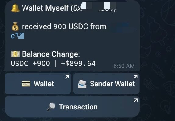 A dark-themed notification interface shows a message stating 'Wallet Myself (0x... ) received 900 USDC' with a 'Balance Change' of 'USDC +900 | +$899.64' at 6:50 AM, alongside buttons for 'Wallet', 'Sender Wallet', and 'Transaction'.