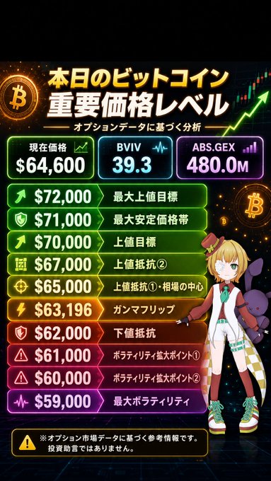 A Japanese Bitcoin price analysis infographic showing key levels with BTC at $64,600, BVIV at 39.3, and ABS.GEX at 480.0M, featuring resistance levels up to $72,000 and support levels down to $59,000, accompanied by an anime-style character mascot.