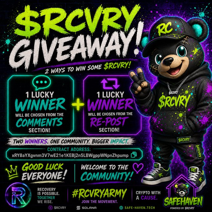 A promotional graphic for a $RCVRY cryptocurrency giveaway featuring a cartoon bear mascot in a black hoodie and cap, advertising two winners chosen from comments and re-posts, with the contract address displayed and tags including #RCVRYARMY, SOLANA, and SAFE-HAVEN.TECH.
