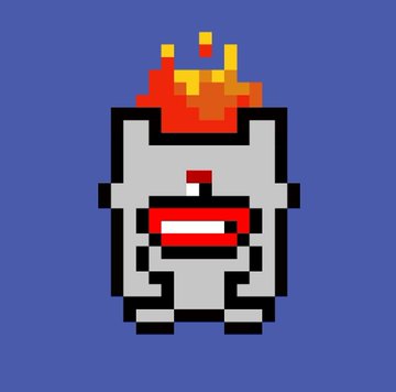 A pixel art character with a white helmet or mask topped with red and yellow flames against a blue background.