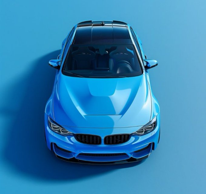 A bright blue BMW car photographed from a top-down front angle against a matching blue background.