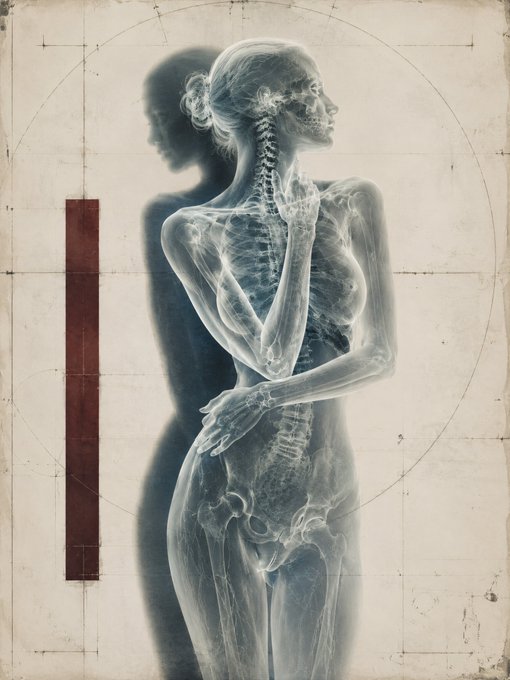 This image is an X-ray style artistic portrait of a woman, featuring a prominent vertical red bar on the left and a circular diagram overlaid on the background. The artwork serves as a visual representation for the "In Contradiction With Herself 10 Editions" collection mentioned in the post.