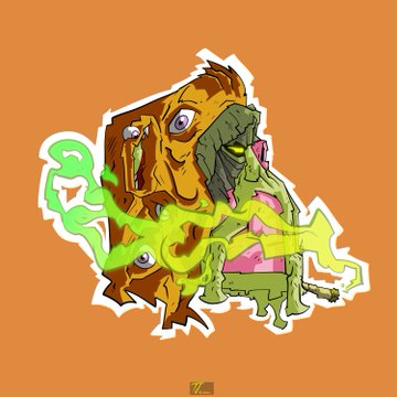 A stylized cartoon sticker design on an orange background depicting a grotesque green zombie-like creature in a pink shirt with bright green slime splashing across it.