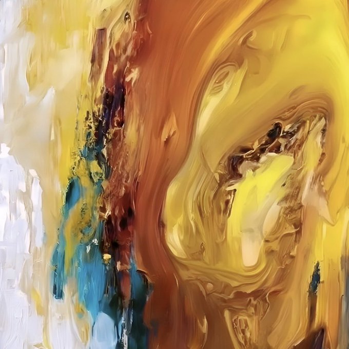 A swirling abstract painting dominated by warm yellows, golds, and burnt orange tones, accented with streaks of teal and white on the left side, visually echoing the nostalgic, memory-evoking theme of the artwork titled "Memories."
