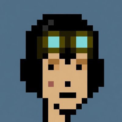 Pixel art portrait of a woman with black hair wearing pixelated sunglasses with bright cyan lenses, shown against a blue background.